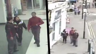 The camera footage showed Phillip Nicholson (in the red shirt) walking with Isabella Gossling and Richard Moors towards Isabella's apartment.